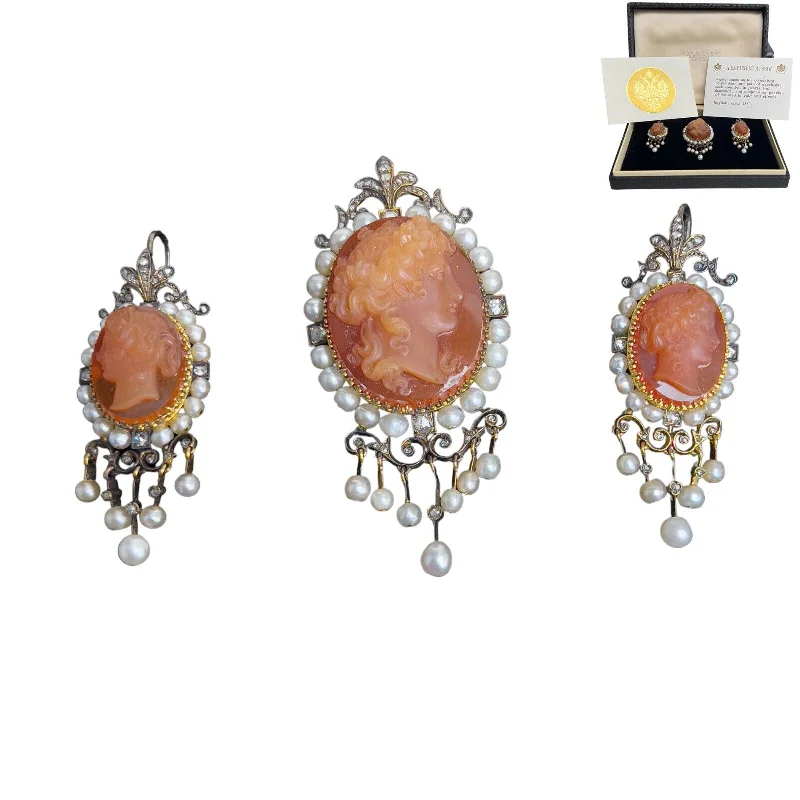 Wide hoop earrings-A La Vieille Russie Agate Cameo Gold & Silver Diamond Pearl Pendant Earrings Set