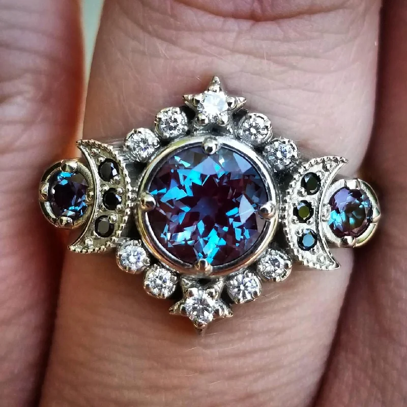 Selene Moon Goddess Ring - Chatham Alexandrite with Black and White Diamonds - 14k Palladium White Gold