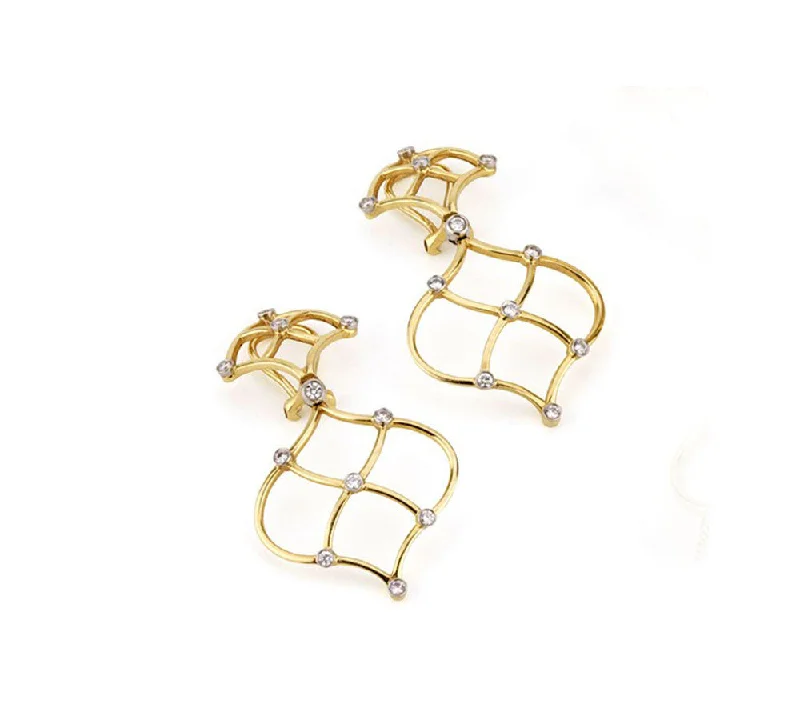 Flat knot earrings-18kt Yellow Gold Woven Drop Earrings with Diamonds