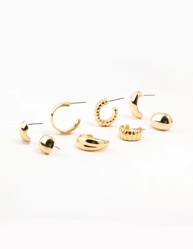 Aged bronze earrings-Gold Plated Buggle Ribbed Earrings 4-Pack