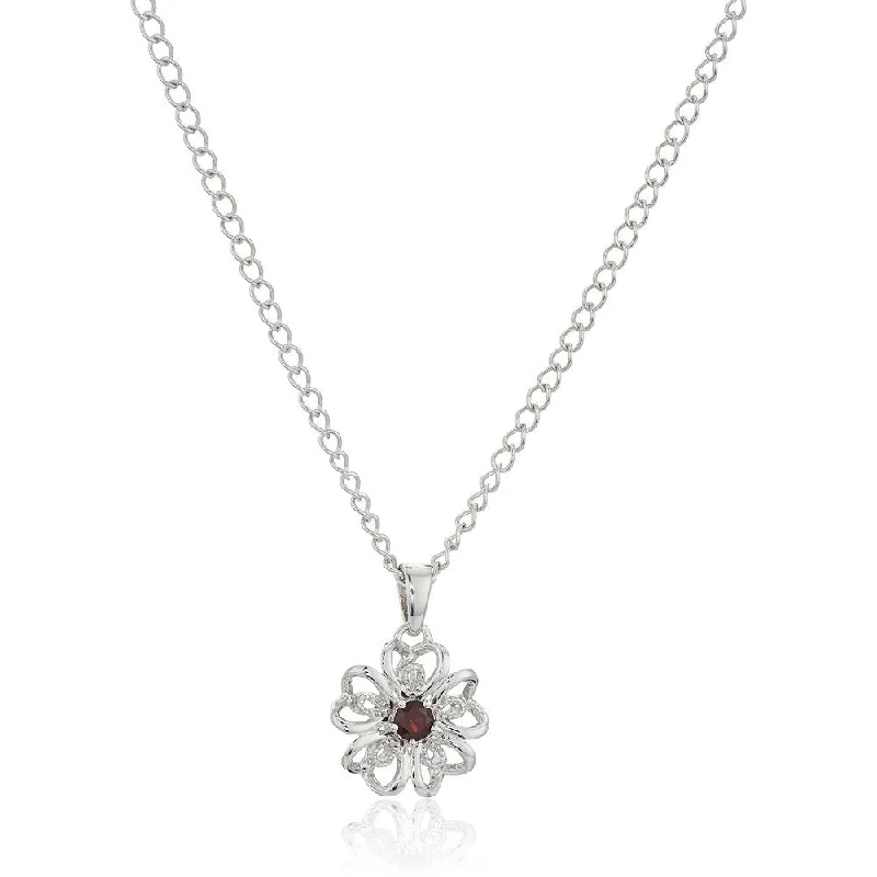 Fine bead necklaces-Sterling Silver Red Garnet Black Flower Pendant Necklace, 18"