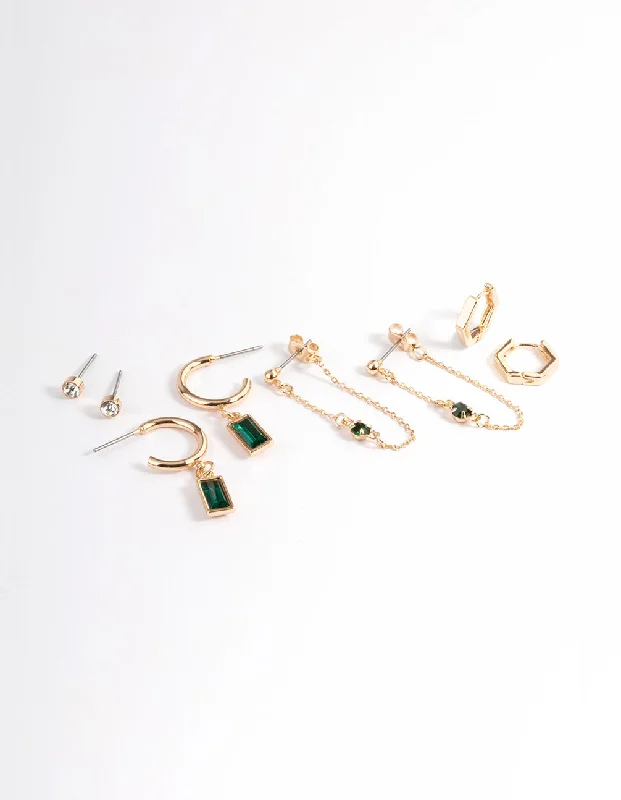 Java tile earrings-Green Diamante Baguette Earrings 4-Pack