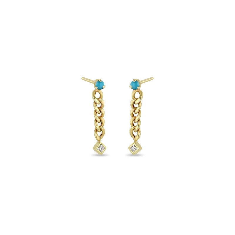 Fine bead earrings-14k Prong Turquoise & Princess Diamond Small Curb Chain Drop Earrings