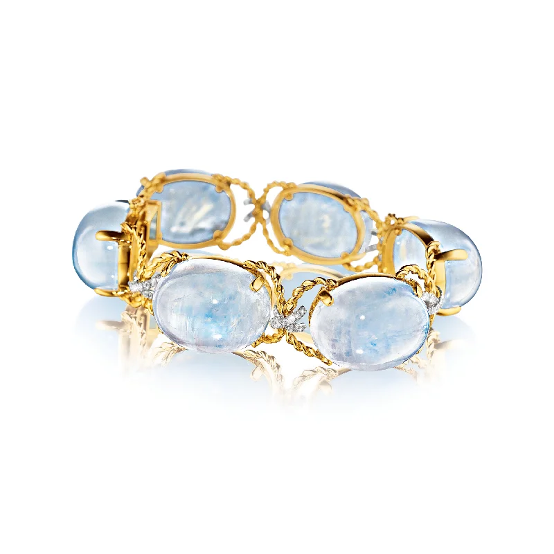 Polished bead bangles-Pebble Bracelet in Rainbow Moonstone and Diamond