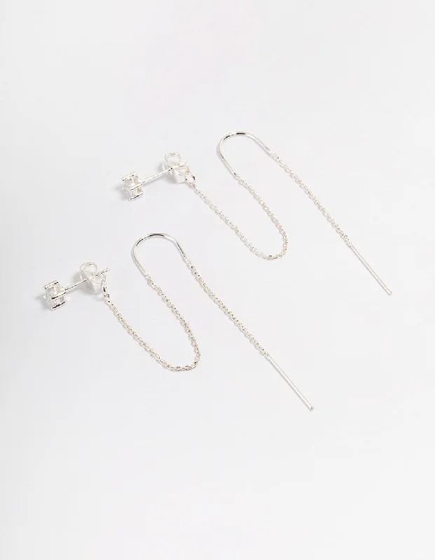 Swirl shape earrings-Silver Diamante Chain Threader Drop Earrings