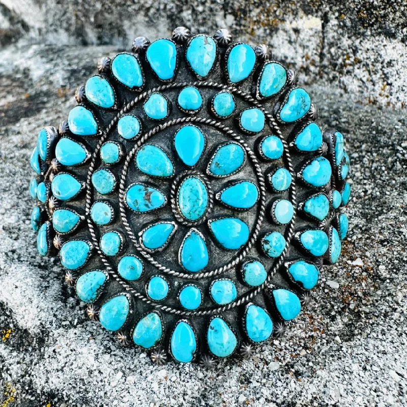 Wide cuff bangles-Vintage Zuni Sterling Silver Petit Point Turquoise Rosette Bracelet