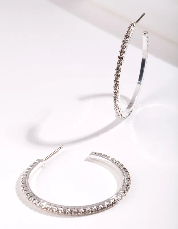 Thin hoop earrings-Silver Medium Diamante Hoop Earrings