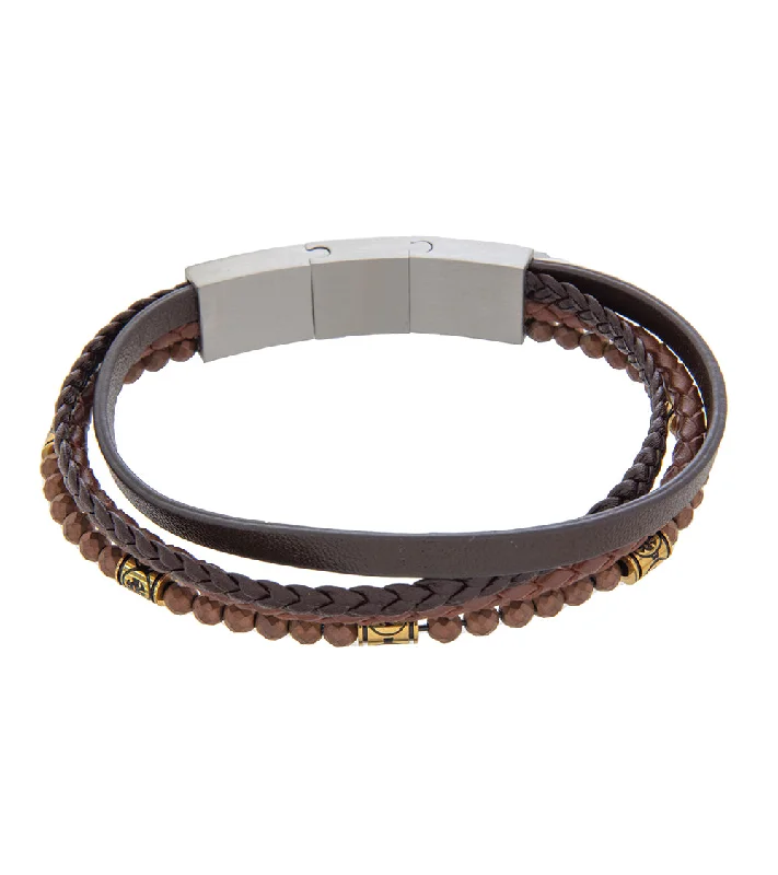 Textured metal bangles-Mens Bracelet 21-23 cm Brown Multi-Leather with Stone and extender