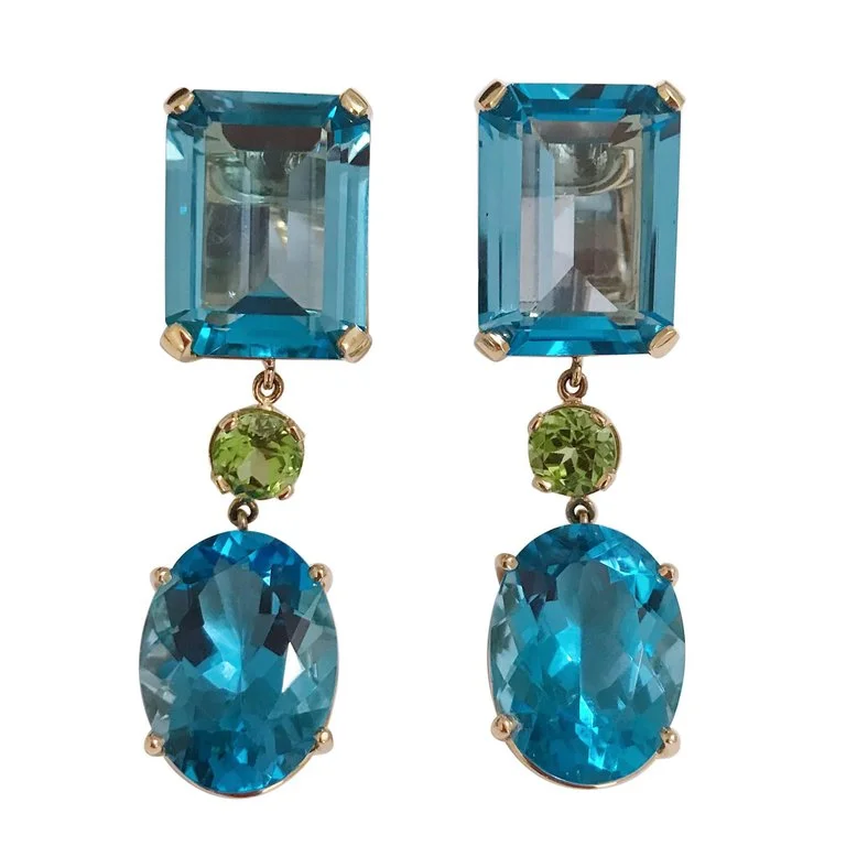 Bold cross earrings-Yellow Gold Geometric Drop Earring with Blue Topaz and Peridot