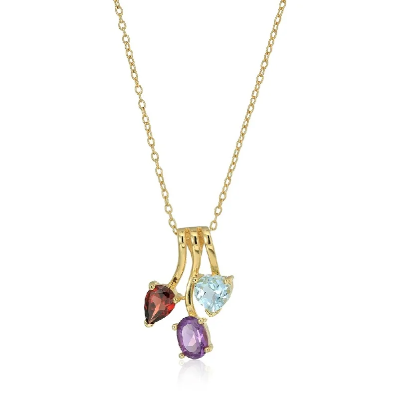 Drape-style necklaces-Yellow Gold-plated Silver 2 cttw Garnet, Amethyst, and Blue Topaz Pendant Necklace, 18"