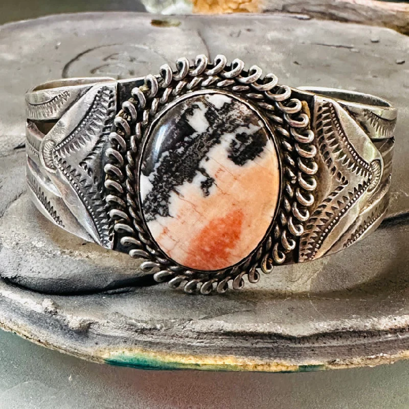 Wide geometric bangles-Old Navajo Sterling Silver & Petrified Wood Cuff Bracelet