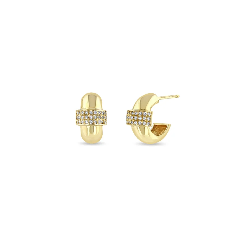 Silk fringe earrings-14k 3 Pavé Diamond Row Door Knocker Huggie Hoops