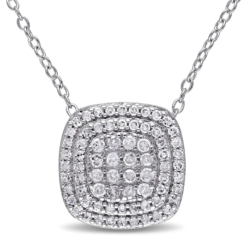 Silk thread necklaces-Miadora Sterling Silver 1/2ct TDW Diamond Double-Halo Square Cluster Necklace - White