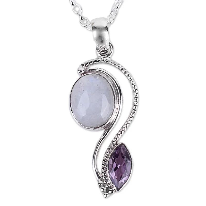 Neat-line necklaces-Handmade Sterling Silver 'Colorful Curves' Amethyst Rainbow Moonstone Necklace (India)