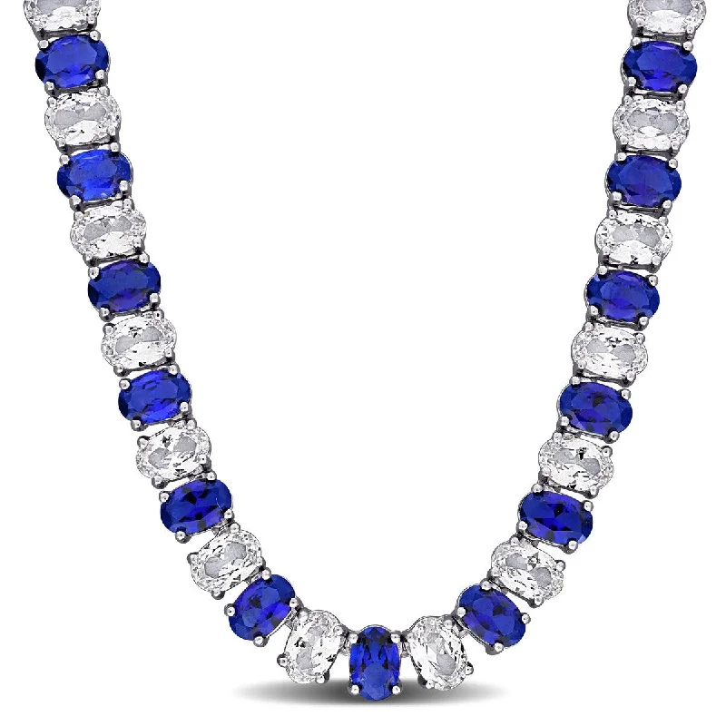 Alloy metal necklaces-Miadora 71 1/4ct TGW Created Blue White Sapphire Tennis Necklace in Sterling Silver