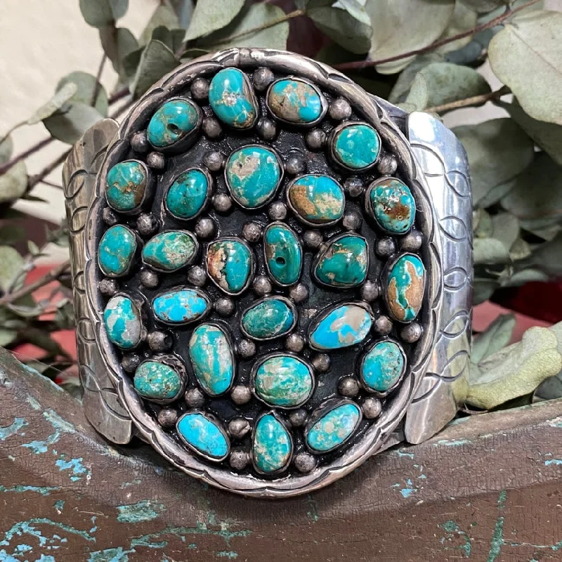 Oval gem bangles-Huge Vintage Navajo Turquoise Cluster Bracelet Sterling Silver