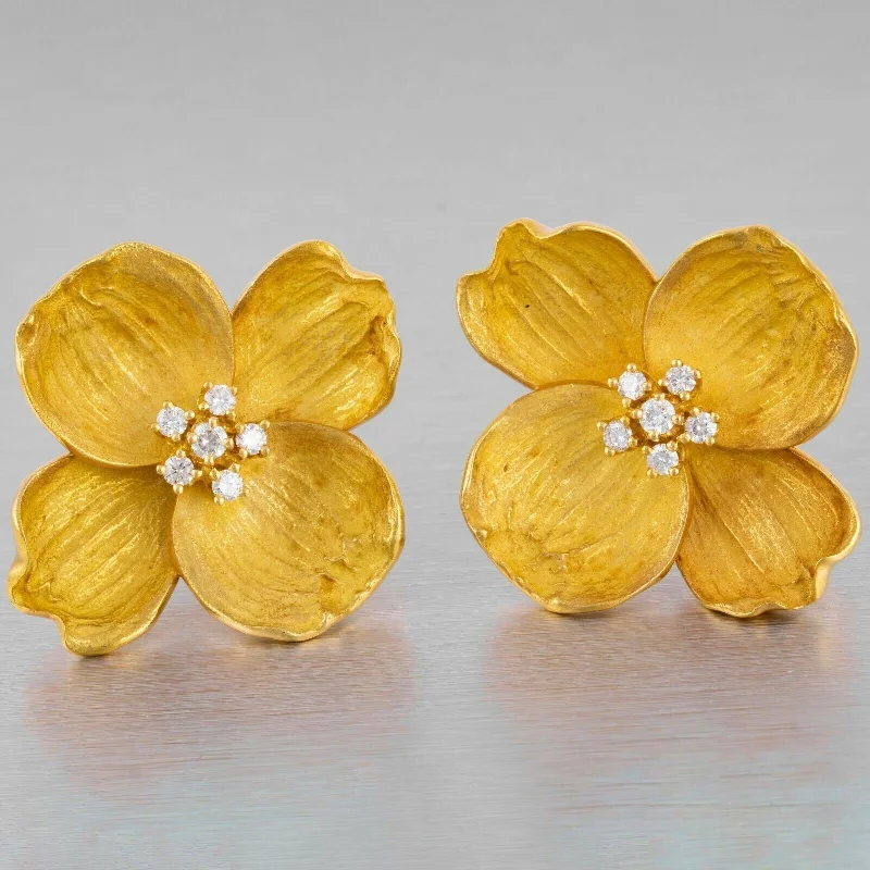 Surf theme earrings-Tiffany & Co. 18k Yellow Gold Diamond Dogwood Flower Earrings 0.70ctw JUMBO