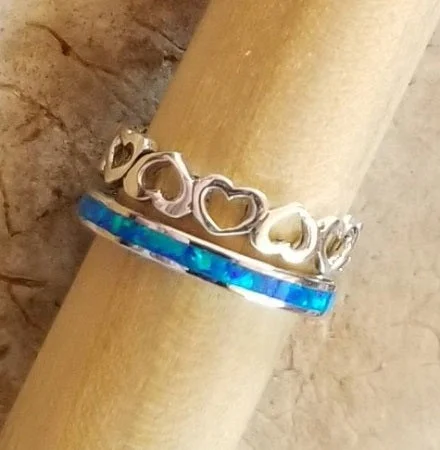 Beaded edge engagement rings-Heart & Blue Opal - Sterling Silver