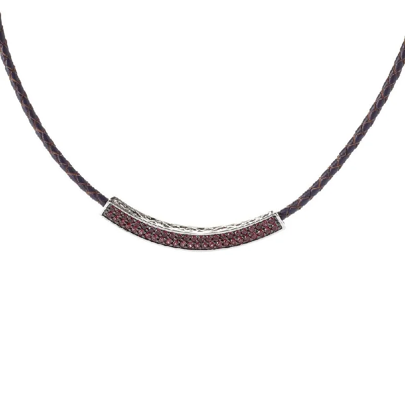 Tribal medallion necklaces-Platinum over Sterling Silver Gemstone Curved Braided Leather Necklace