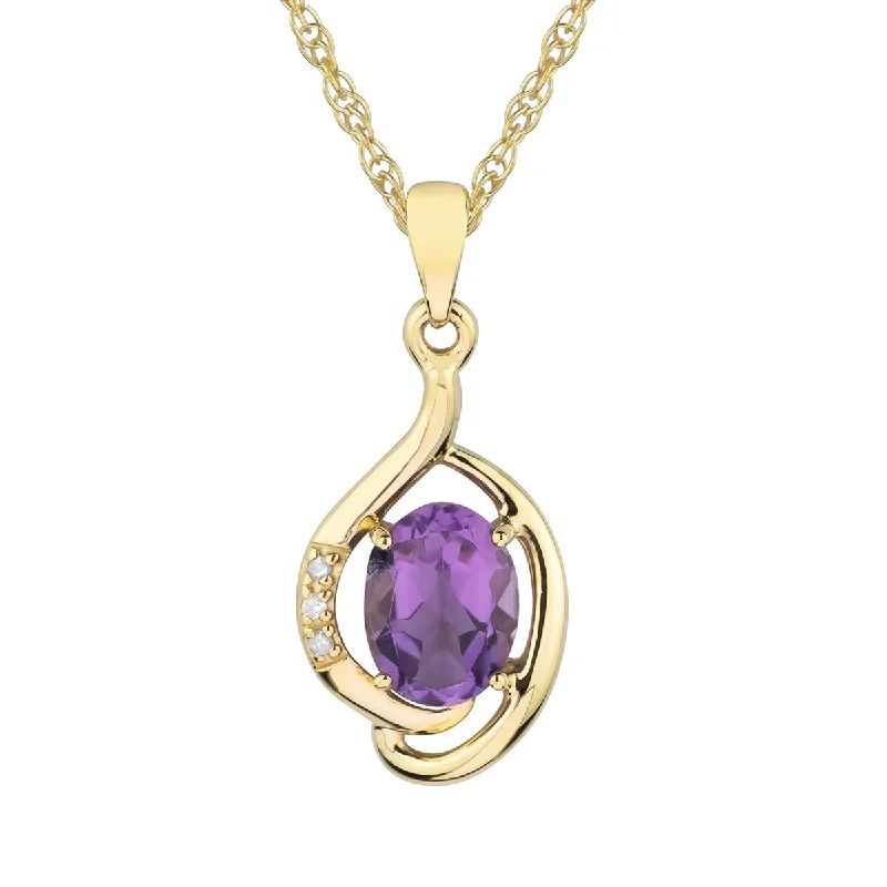 Loop knot necklaces-Viducci 10k Yellow Gold Genuine Oval Amethyst and Diamond Pendant Necklace