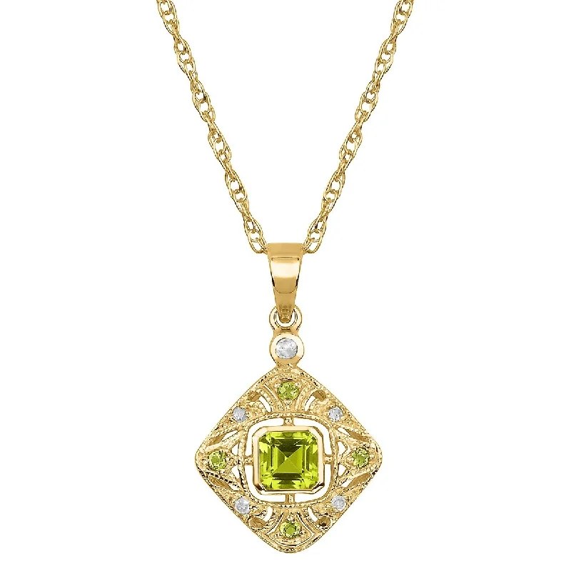 Loop knot necklaces-Viducci 10k Yellow Gold Vintage Style Genuine Peridot and Diamond Necklace