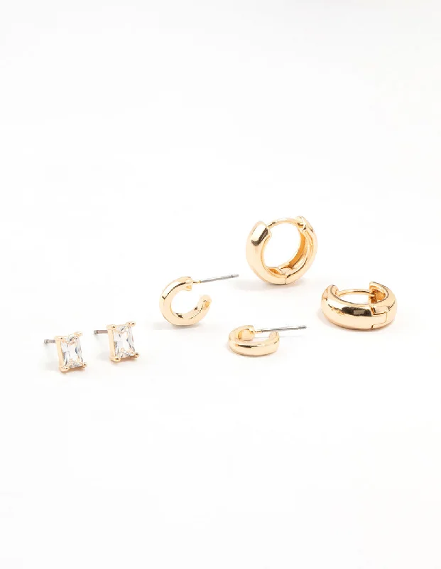 Light wood earrings-Gold Classic Cubic Zirconia Stud & Hoop Earrings 3-Pack