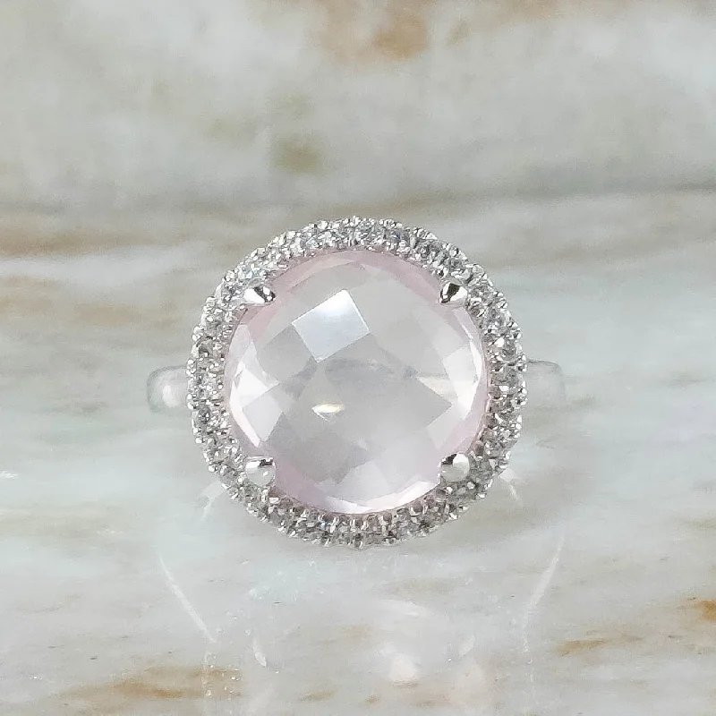 Fox motif engagement rings-14K White Gold 4.45ct Round Checkerboard Rose Quartz & Diamond Accents Halo Ring