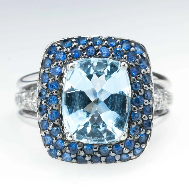 Light wood engagement rings-Aquamarine with Created Sapphire and White Topaz Accented Ring in 14K White Gold