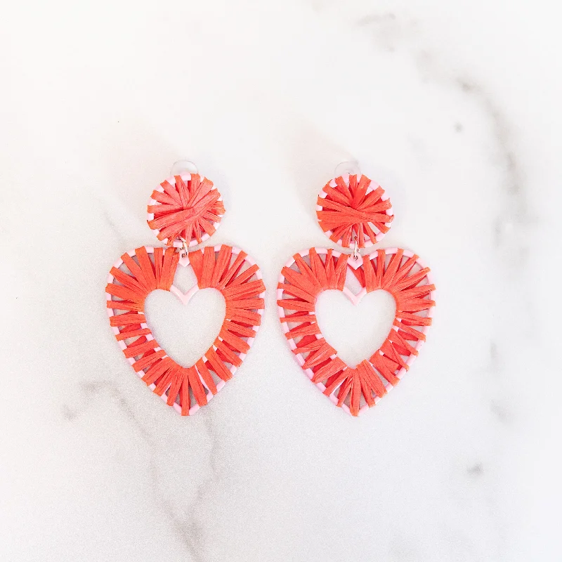 Bold cuff earrings-Red Raffia Heart Earrings