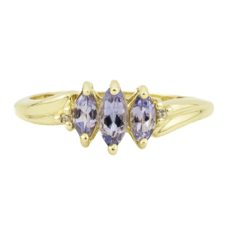 Sculptural engagement rings-Tanzanite Three Stone Ring in 10K Yellow Gold - Size 7.25