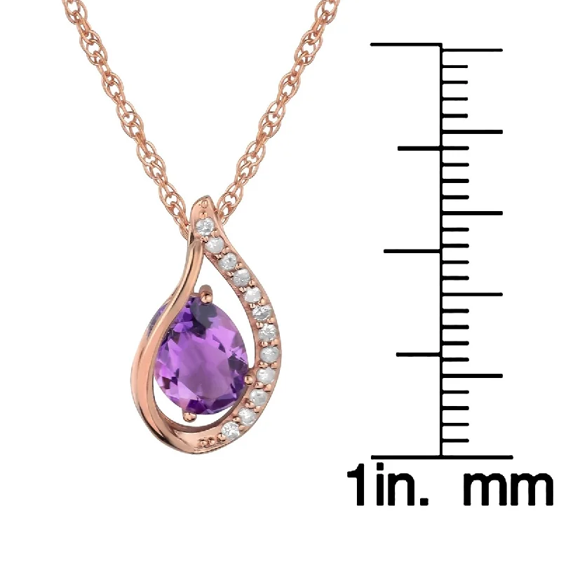 Pixie wing necklaces-Viducci 10k Rose Gold Genuine Oval Amethyst and Diamond Halo Drop Pendant Necklace