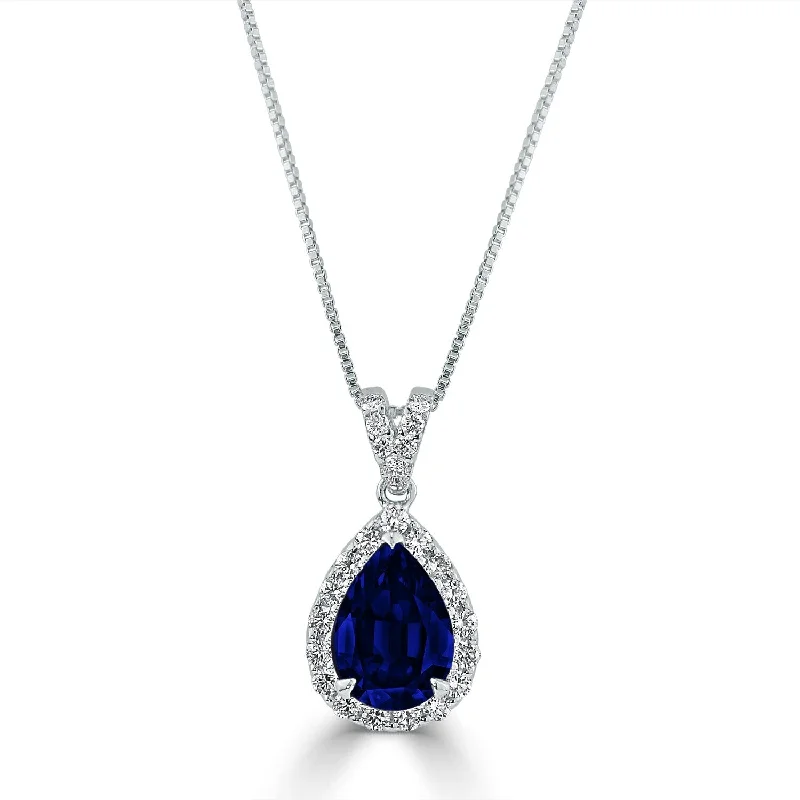 Chunky gem necklaces-Auriya 18K Gold 2.33ct Pear-Shaped Blue Sapphire and Diamond Halo Pendant Necklace