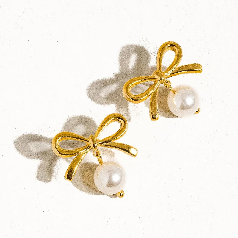 Glossy silver earrings-Aleah Gold Non-Tarnish Bow Pearl Earring