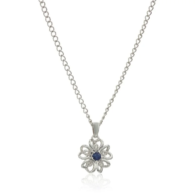 Lily flower necklaces-Sterling Silver Blue Sapphire Black Flower Pendant Necklace, 18"