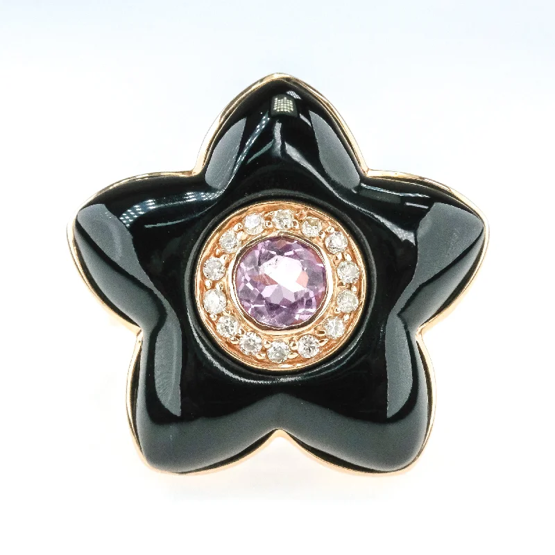 Satin finish engagement rings-0.40ct Amethyst w/ Diamond Halo Accents Flower Shaped Onyx Ring in 14K Rose Gold