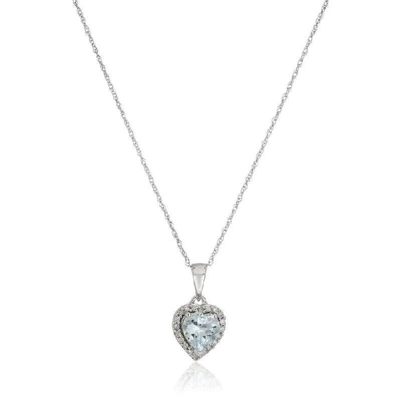 Drape-style necklaces-10k White Gold Aquamarine Heart, Diamond Pendant Necklace, 18" - Blue