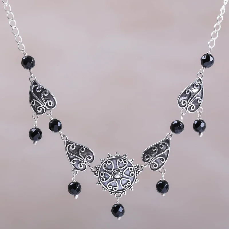 Pixie wing necklaces-Handmade Sterling Silver 'Leaf Shield' Onyx Necklace (Indonesia)