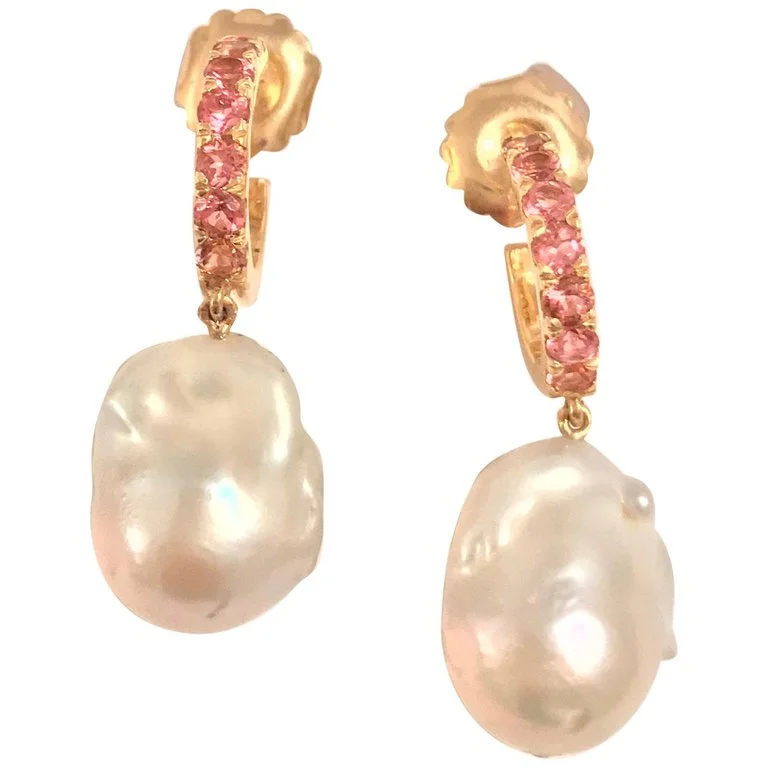 Thick hoop earrings-18kt Yellow Gold Pink Topaz Hoop with Dangling Baroque Pearl with Diamond Accent