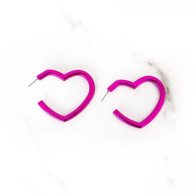 Rough texture earrings-Hot Pink Open Heart Earrings