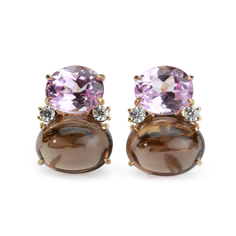 Wide statement earrings-Large GUM DROP™ Earrings with Pink Topaz and Cabochon Smoky Topaz and Diamonds