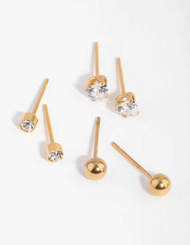 Sleek drop earrings-24 Carat Gold Plated Surgical Steel Love Stud Earrings 3-Pack