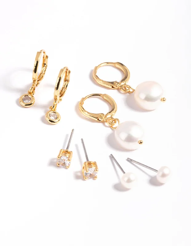 Bamboo style earrings-Gold Plated Freshwater Pearl Cubic Zirconia Earring Pack