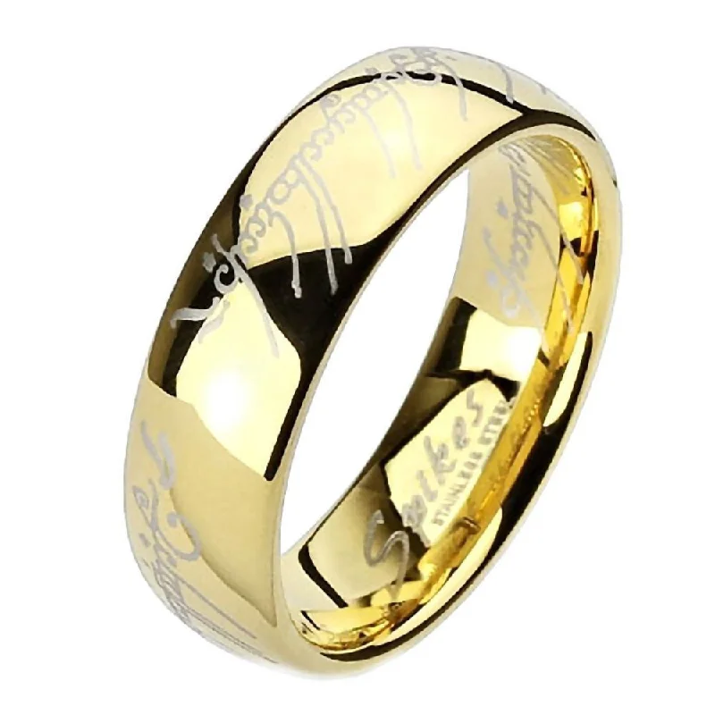 Lily motif engagement rings-Eregion: The One Ring Replica Stainless Steel IP Gold Comfort Fit Band