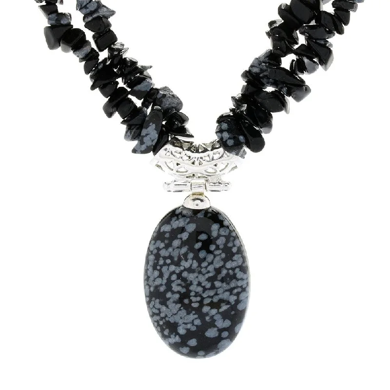 Coiled cord necklaces-Sterling Silver 17.5" 30 x 20mm Oval Snowflake Obsidian 2-Strand Necklace