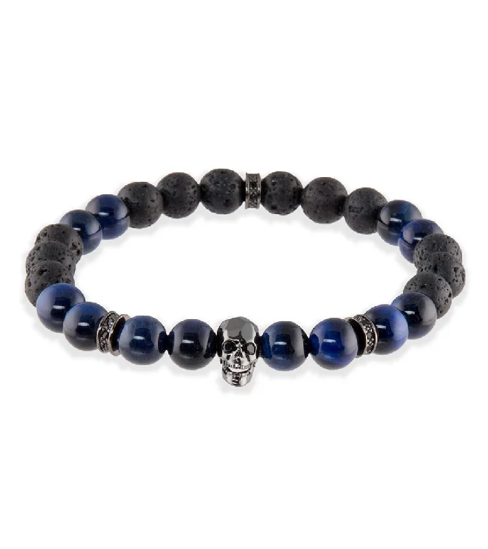 Cotton cord bangles-Blue Tiger Eye, Lava, Skull Head & Rondels Bracelet by Bergan