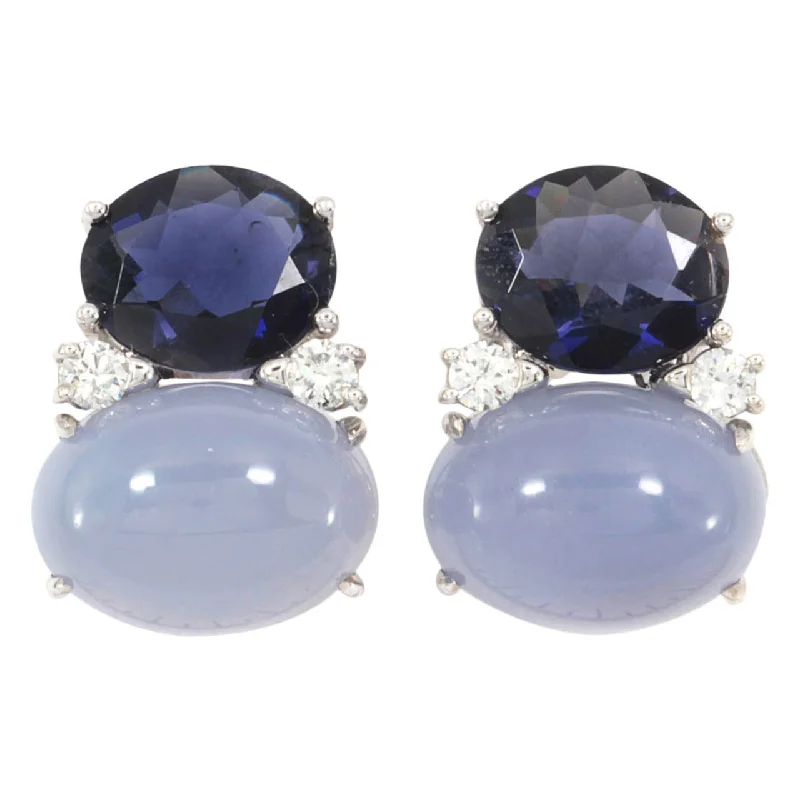 Shiny gold earrings-Large GUM DROP™ Earrings with Iolite and Cabochon Chalcedony and Diamonds