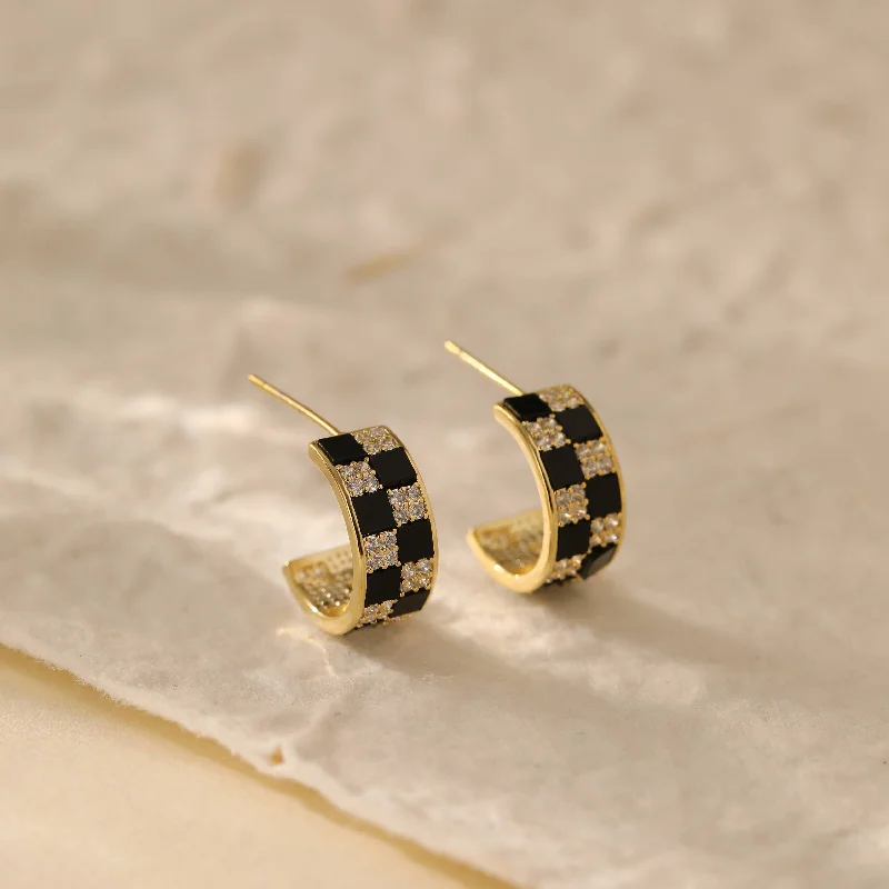 Wide statement earrings-Black and White Checkerboard Gold Hoop Earrings