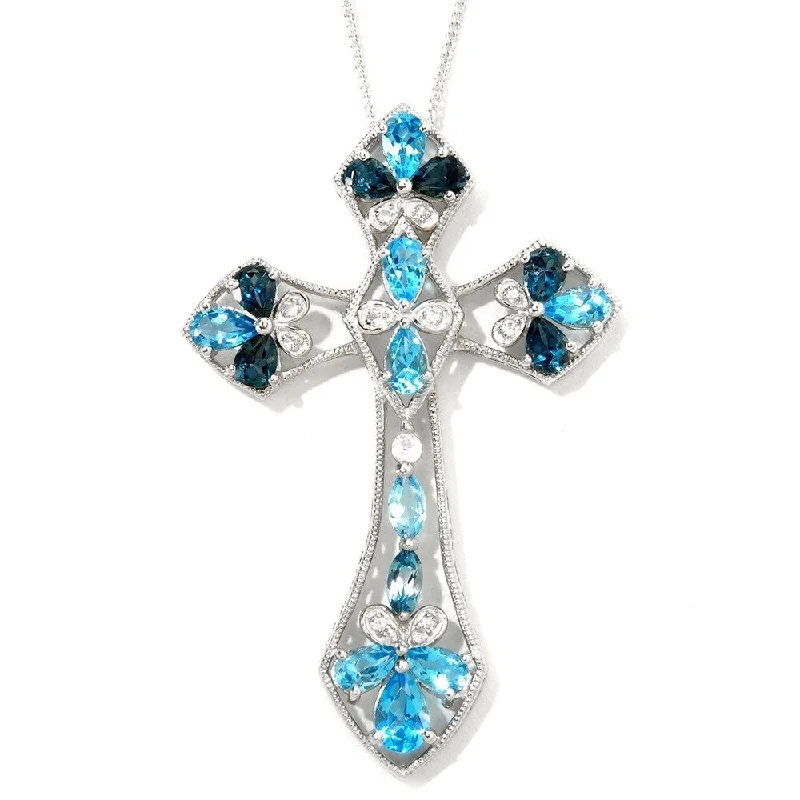 Leaf motif necklaces-Sterling Silver Swiss Blue Topaz Gothic Cross Necklace