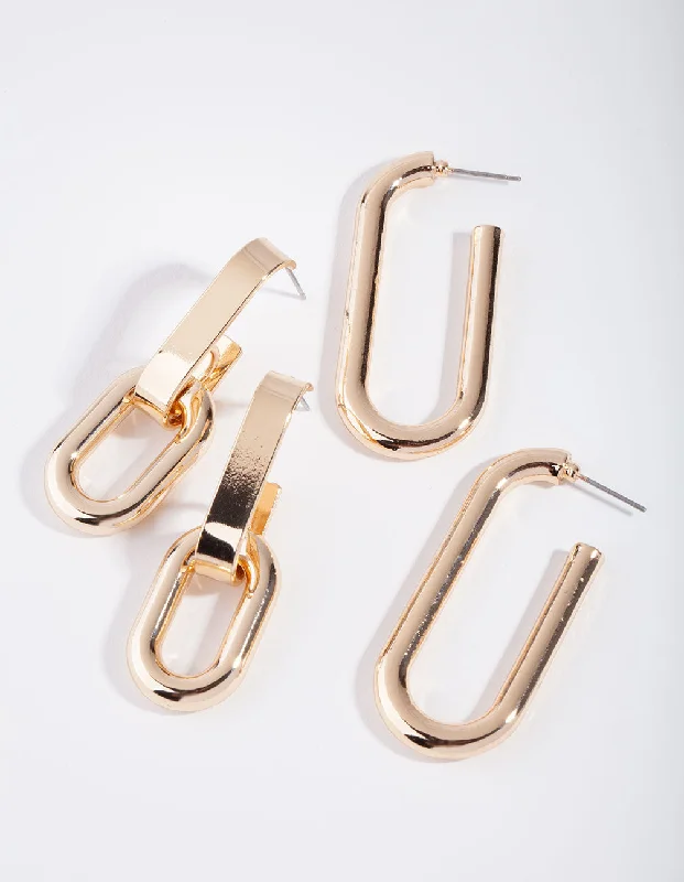 Two-tone earrings-Gold Pack Rectangle Link & Hoop Earring