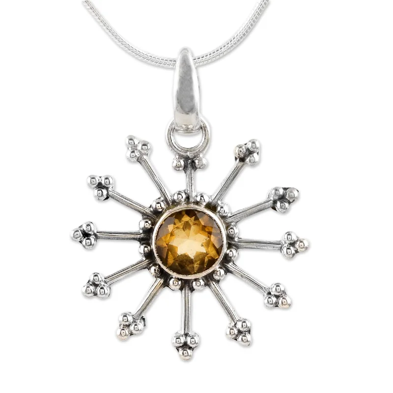 Braided link necklaces-Handmade Sunshine Daze Sunburst Womens Pendant Sterling Silver Necklace (India)